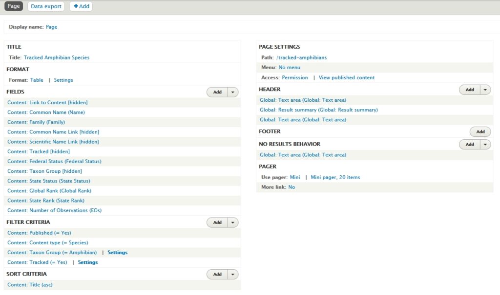 Drupal page view configuration page